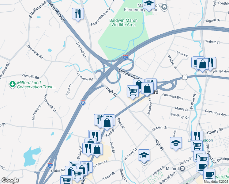 map of restaurants, bars, coffee shops, grocery stores, and more near 445 High Street in Milford