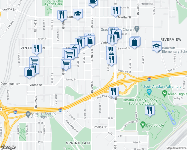 map of restaurants, bars, coffee shops, grocery stores, and more near 3103 South 16th Street in Omaha