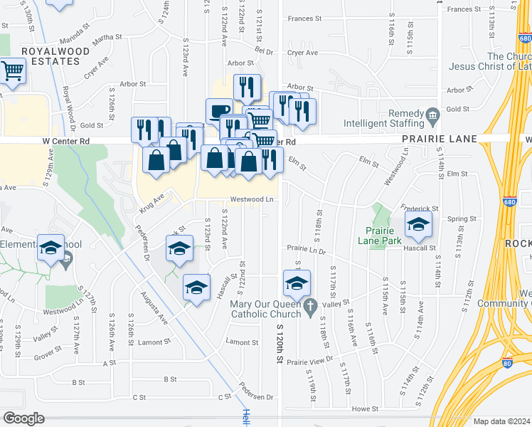 map of restaurants, bars, coffee shops, grocery stores, and more near 3023 South 121st Street in Omaha