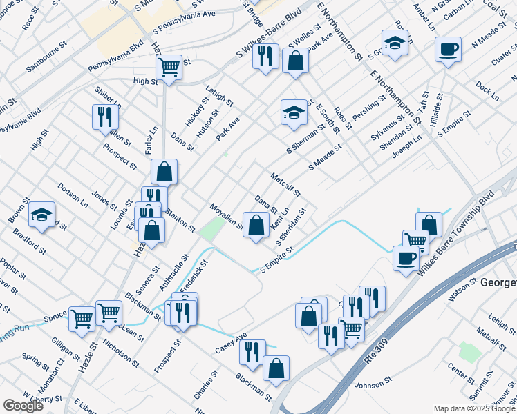 map of restaurants, bars, coffee shops, grocery stores, and more near 170 Almond Lane in Wilkes-Barre