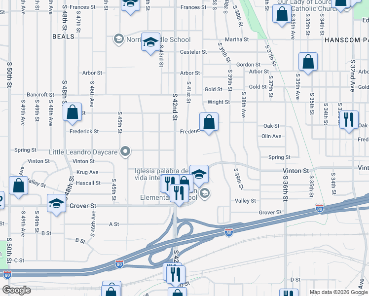 map of restaurants, bars, coffee shops, grocery stores, and more near 3079 South 41st Street in Omaha