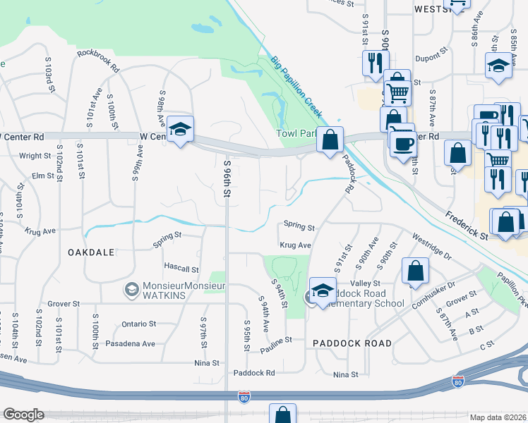 map of restaurants, bars, coffee shops, grocery stores, and more near 3031 South 94th Street in Omaha