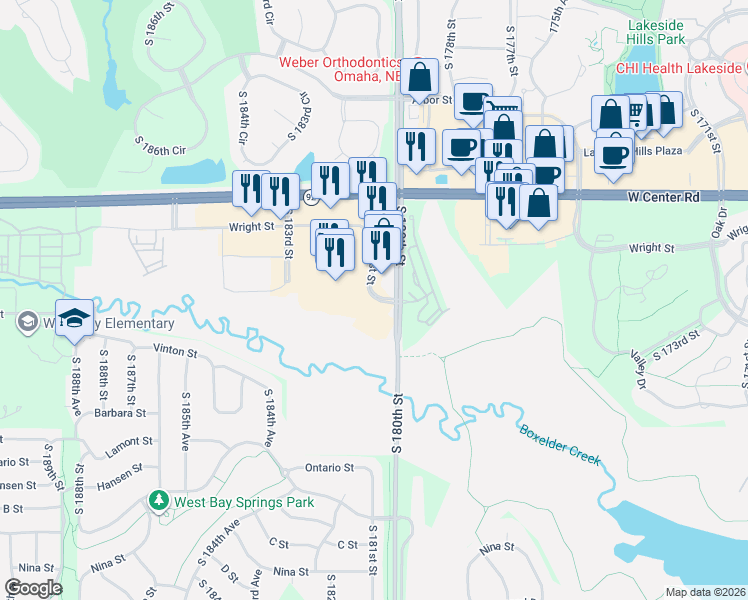 map of restaurants, bars, coffee shops, grocery stores, and more near 17971 Oak Street in Omaha