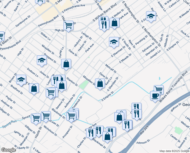 map of restaurants, bars, coffee shops, grocery stores, and more near 424 South Sherman Street in Wilkes-Barre