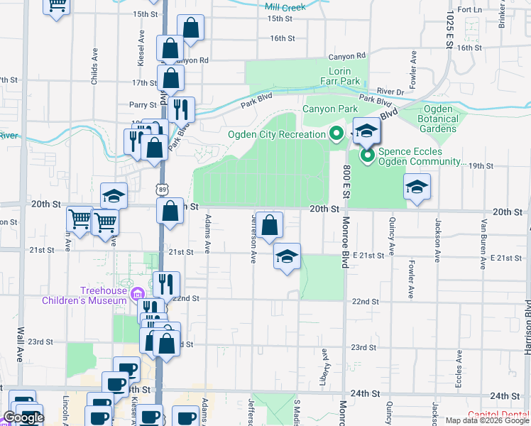 map of restaurants, bars, coffee shops, grocery stores, and more near 2022 Jefferson Avenue in Ogden