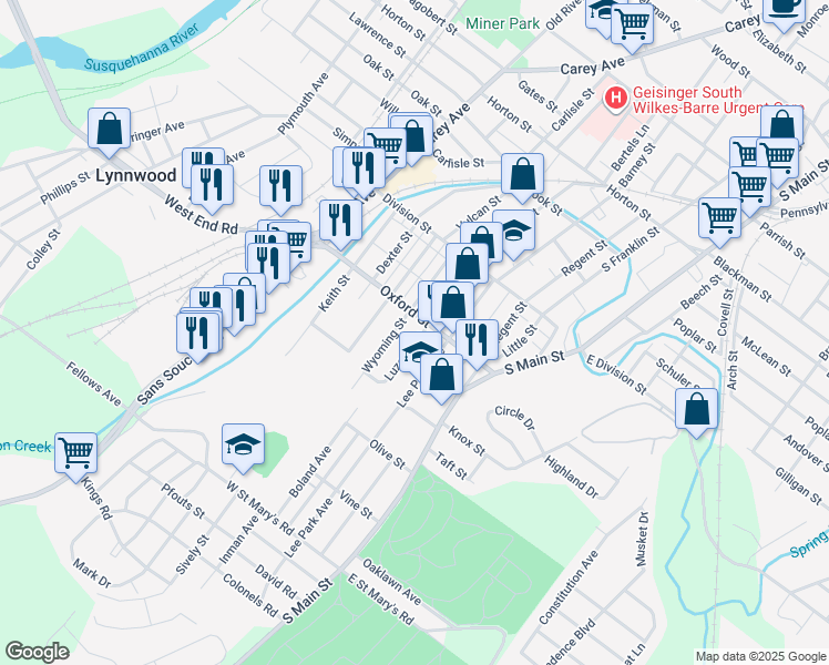 map of restaurants, bars, coffee shops, grocery stores, and more near 66 Luzerne Street in Wilkes-Barre