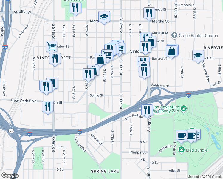 map of restaurants, bars, coffee shops, grocery stores, and more near 3065 South 17th Street in Omaha