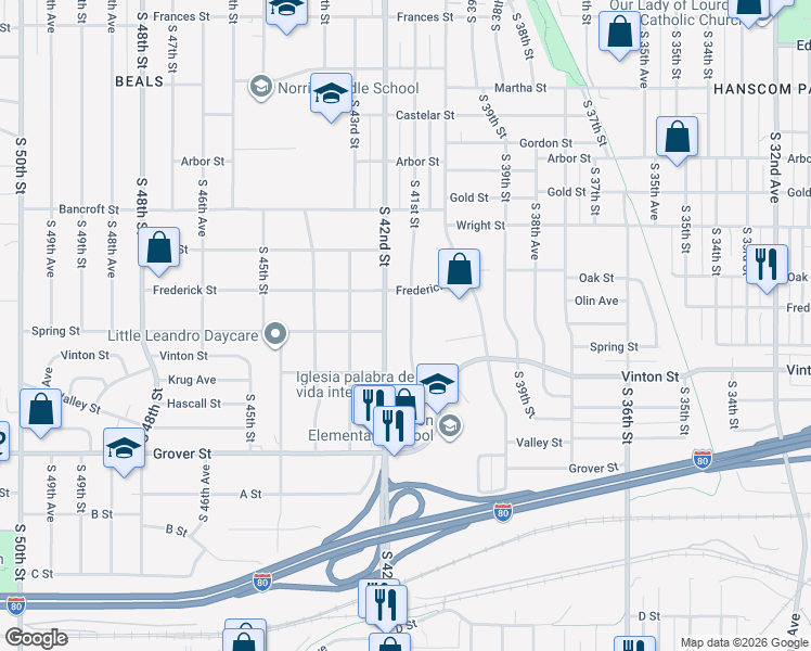 map of restaurants, bars, coffee shops, grocery stores, and more near 3079 South 41st Street in Omaha