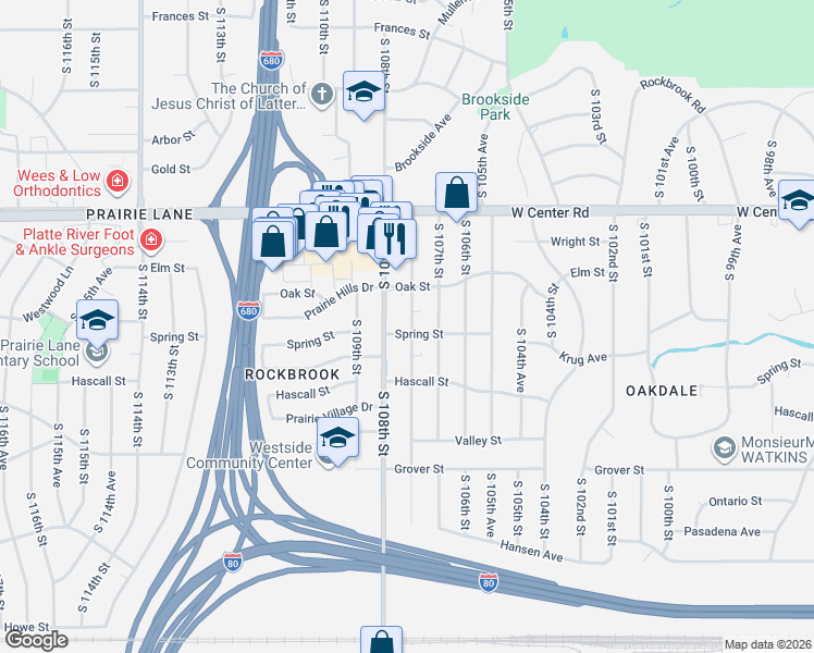 map of restaurants, bars, coffee shops, grocery stores, and more near 3105 South 108th Street in Omaha
