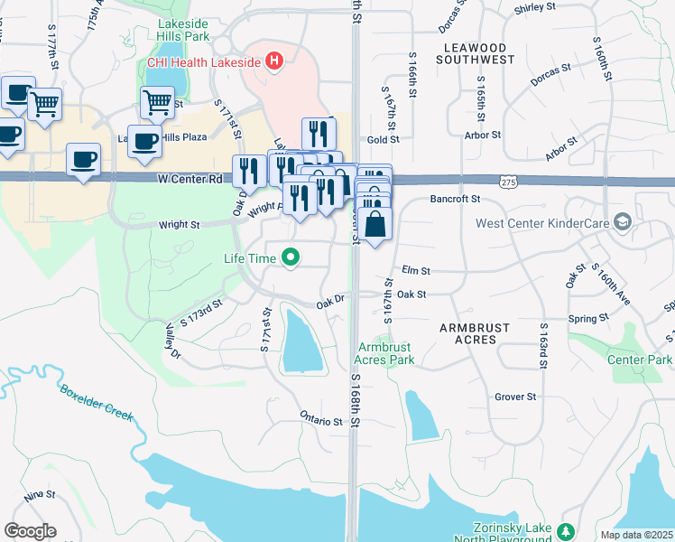 map of restaurants, bars, coffee shops, grocery stores, and more near 2961 South 169th Plaza in Omaha