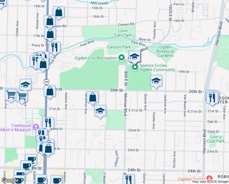 map of restaurants, bars, coffee shops, grocery stores, and more near 2022 Liberty Avenue in Ogden