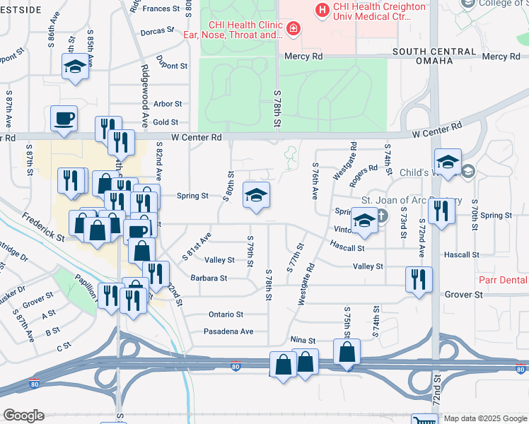 map of restaurants, bars, coffee shops, grocery stores, and more near 7802 Hascall Street in Omaha