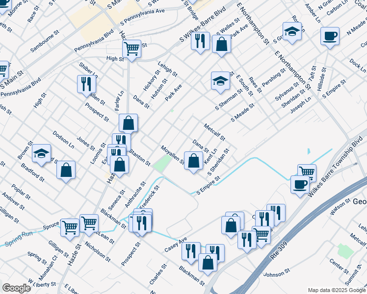 map of restaurants, bars, coffee shops, grocery stores, and more near 424 South Sherman Street in Wilkes-Barre