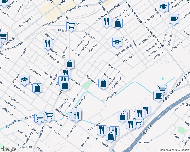 map of restaurants, bars, coffee shops, grocery stores, and more near 431 South Sherman Street in Wilkes-Barre