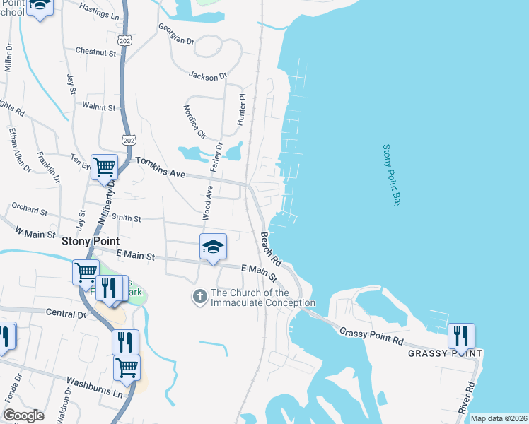 map of restaurants, bars, coffee shops, grocery stores, and more near 74 Beach Road in Stony Point