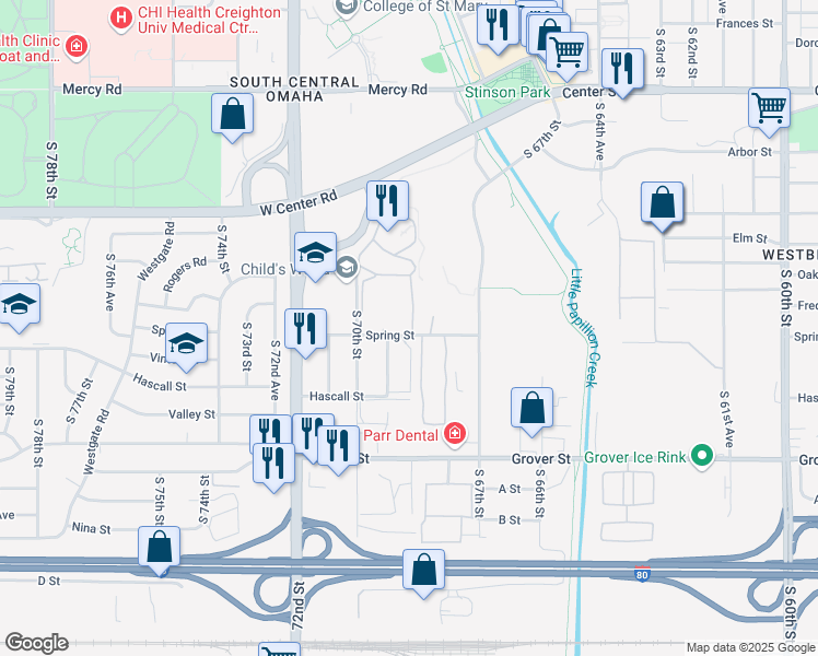 map of restaurants, bars, coffee shops, grocery stores, and more near 54 South 68th Plaza in Omaha