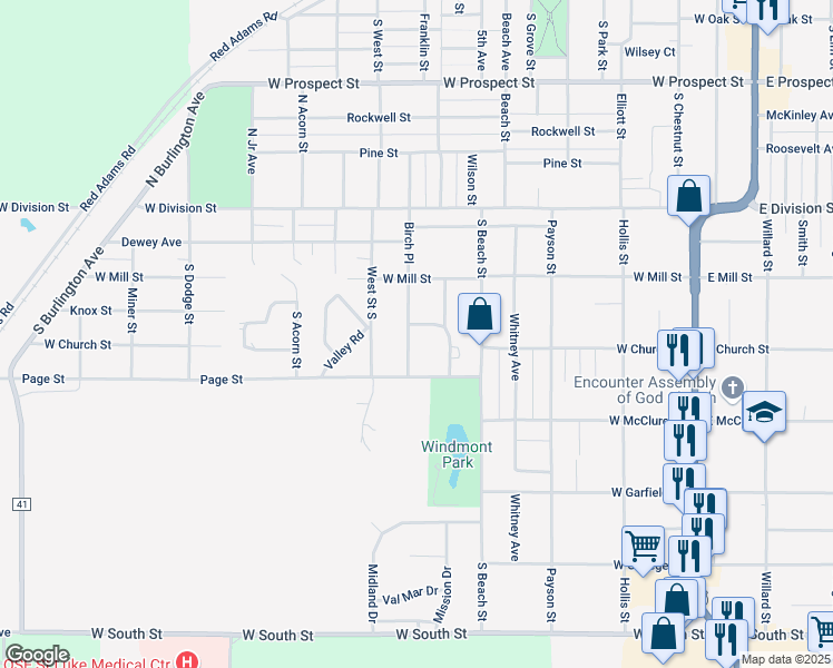 map of restaurants, bars, coffee shops, grocery stores, and more near 303-399 Birch Place in Kewanee