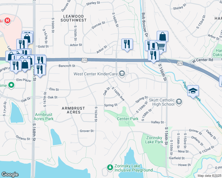 map of restaurants, bars, coffee shops, grocery stores, and more near 16075 Oak Street in Omaha