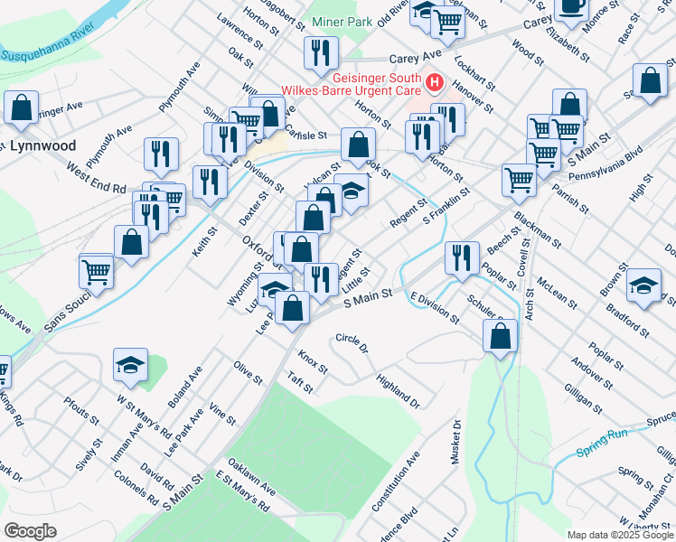 map of restaurants, bars, coffee shops, grocery stores, and more near 22 South Regent Street in Wilkes-Barre