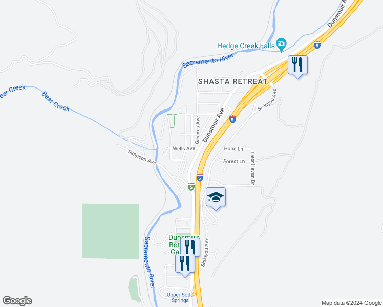 map of restaurants, bars, coffee shops, grocery stores, and more near 4209 Wells Avenue in Dunsmuir