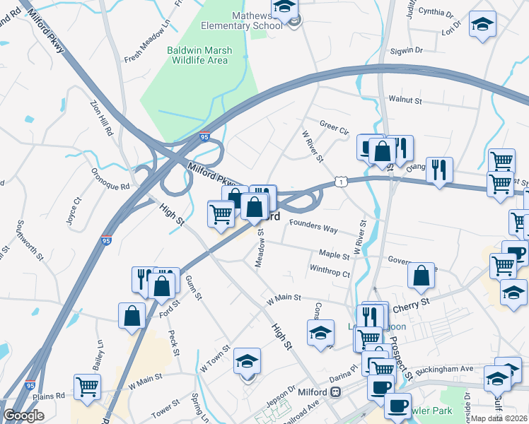 map of restaurants, bars, coffee shops, grocery stores, and more near in Milford