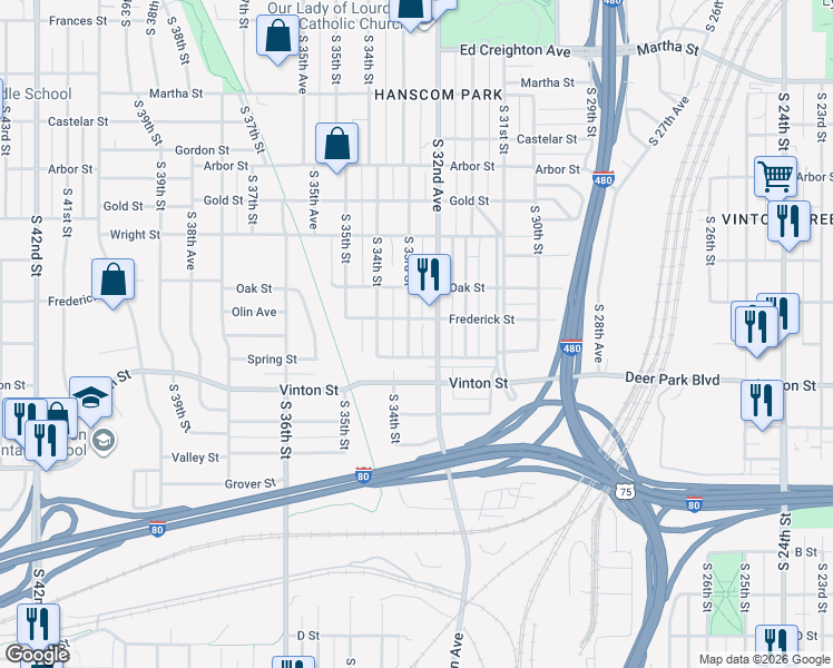 map of restaurants, bars, coffee shops, grocery stores, and more near 3075 South 33rd Street in Omaha