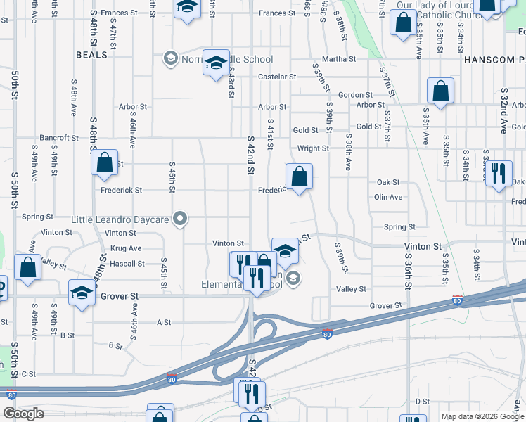 map of restaurants, bars, coffee shops, grocery stores, and more near 3079 South 41st Street in Omaha