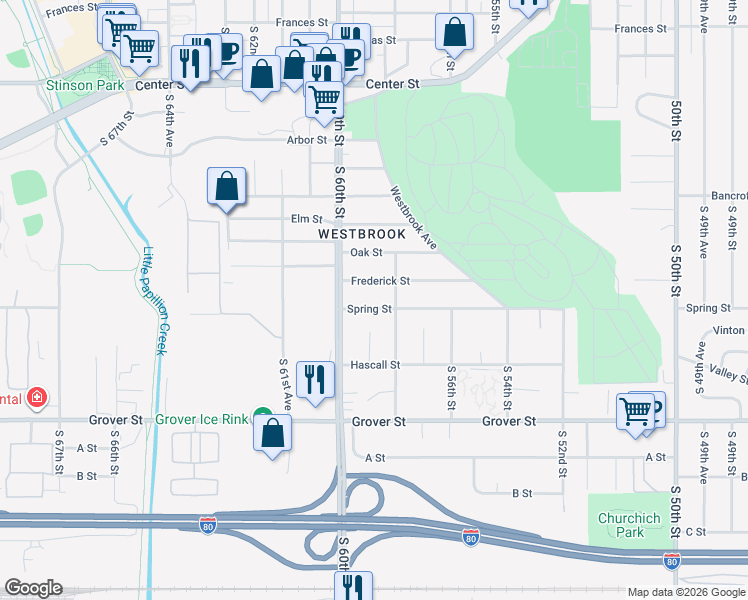 map of restaurants, bars, coffee shops, grocery stores, and more near 5817 Spring Street in Omaha