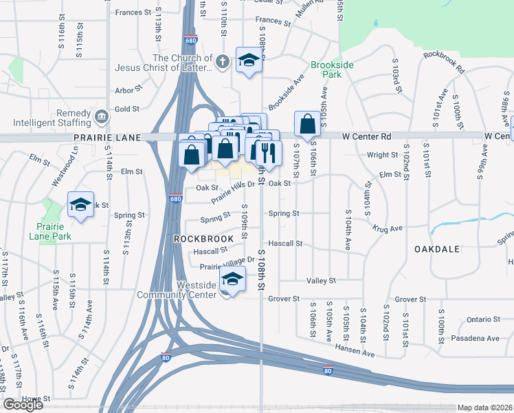 map of restaurants, bars, coffee shops, grocery stores, and more near 105 South 109th Street in Omaha