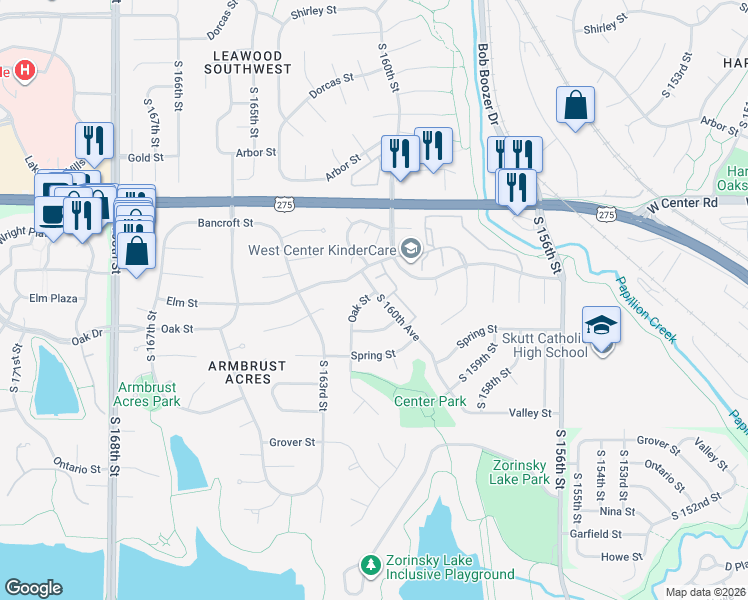 map of restaurants, bars, coffee shops, grocery stores, and more near 16075 Oak Street in Omaha