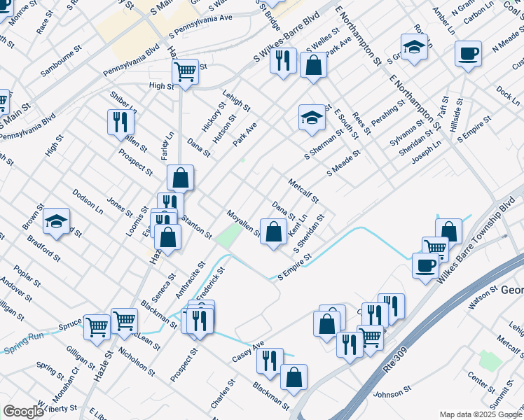 map of restaurants, bars, coffee shops, grocery stores, and more near 418 South Sherman Street in Wilkes-Barre