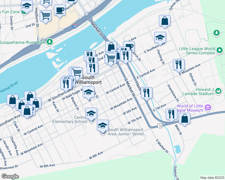 map of restaurants, bars, coffee shops, grocery stores, and more near 201 West Central Avenue in South Williamsport