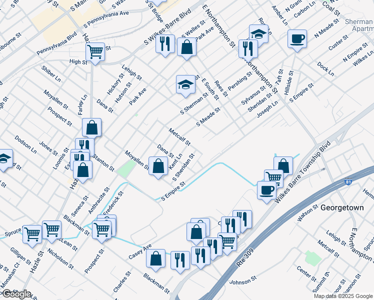 map of restaurants, bars, coffee shops, grocery stores, and more near Kent Lane in Wilkes-Barre