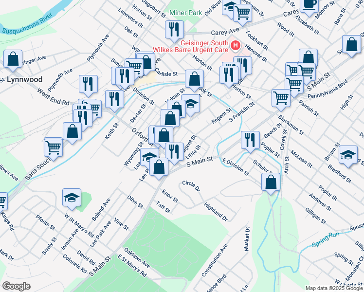 map of restaurants, bars, coffee shops, grocery stores, and more near 22 South Regent Street in Wilkes-Barre