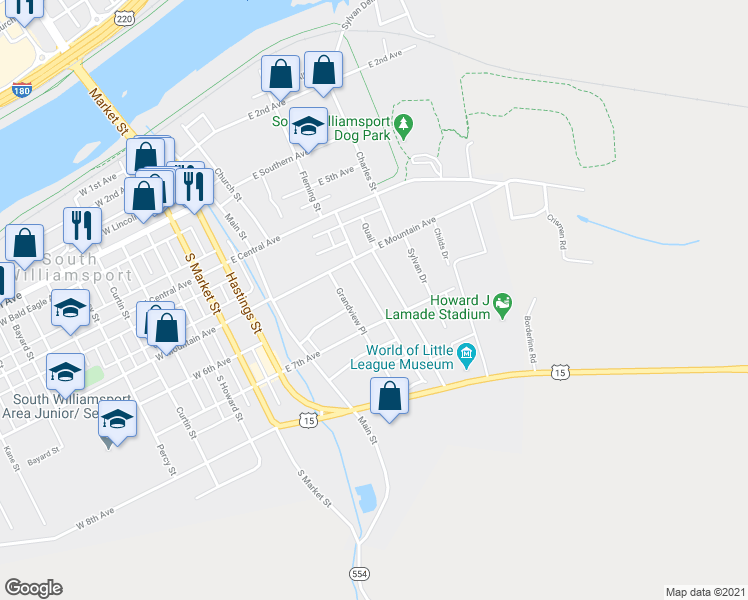 map of restaurants, bars, coffee shops, grocery stores, and more near 632 Southmont Avenue in South Williamsport
