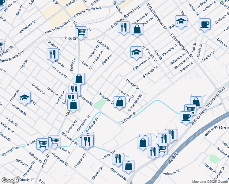 map of restaurants, bars, coffee shops, grocery stores, and more near 418 South Sherman Street in Wilkes-Barre