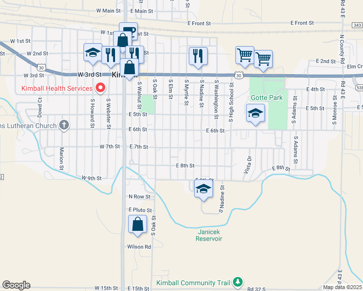 map of restaurants, bars, coffee shops, grocery stores, and more near 701-799 South Myrtle Street in Kimball