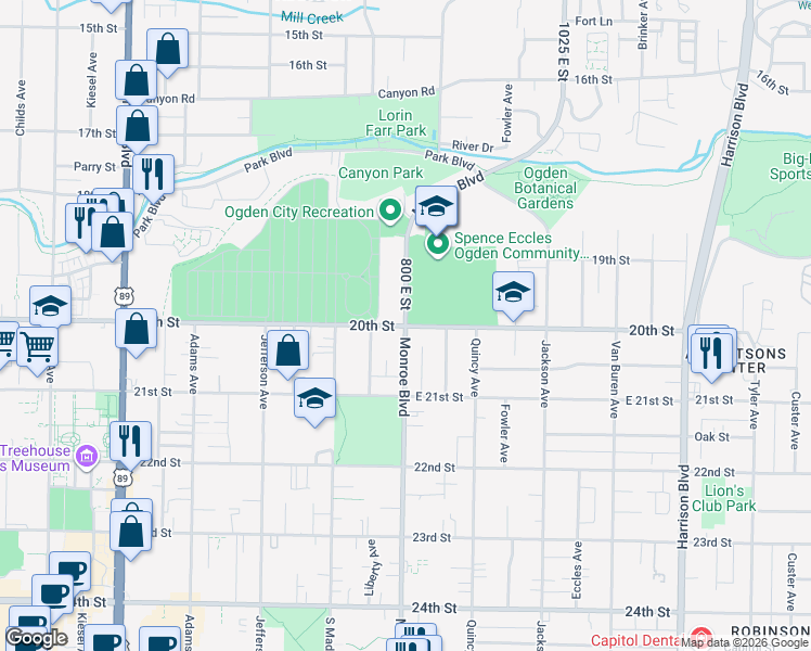 map of restaurants, bars, coffee shops, grocery stores, and more near 653 East 20th Street in Ogden