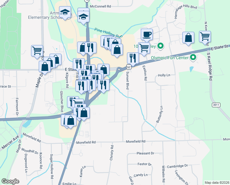 map of restaurants, bars, coffee shops, grocery stores, and more near 155 Donald Road in Hermitage