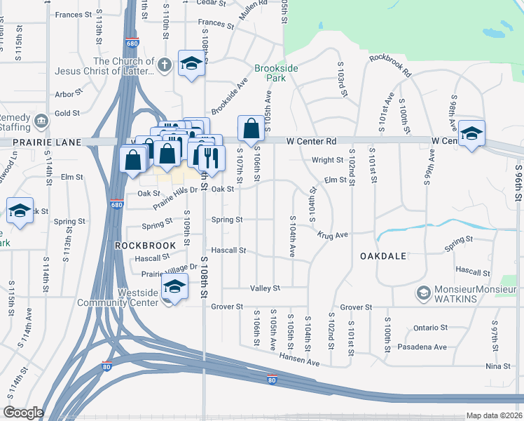map of restaurants, bars, coffee shops, grocery stores, and more near 3105 South 106th Street in Omaha