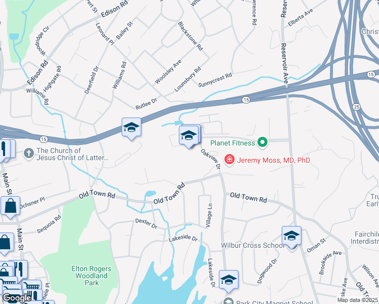 map of restaurants, bars, coffee shops, grocery stores, and more near 25 Oakview Drive in Trumbull