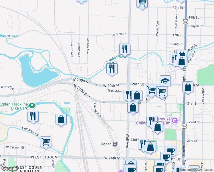 map of restaurants, bars, coffee shops, grocery stores, and more near 230 West 20th Street in Ogden