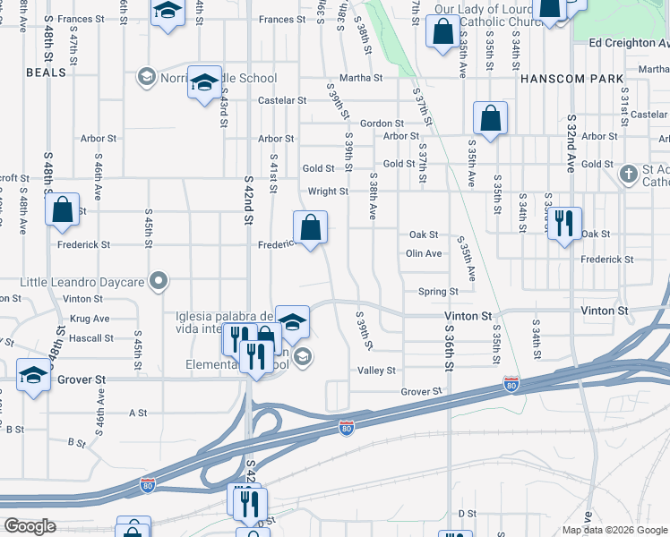 map of restaurants, bars, coffee shops, grocery stores, and more near in Omaha