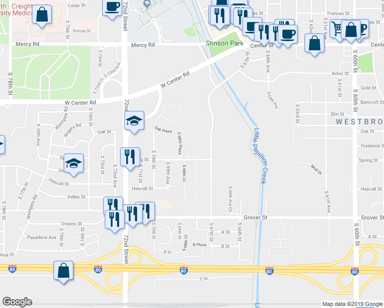 map of restaurants, bars, coffee shops, grocery stores, and more near 3112 Spring Street in Omaha