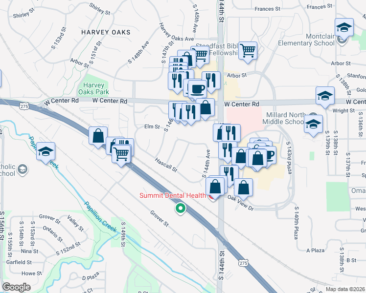 map of restaurants, bars, coffee shops, grocery stores, and more near 3105 South 145th Avenue in Omaha