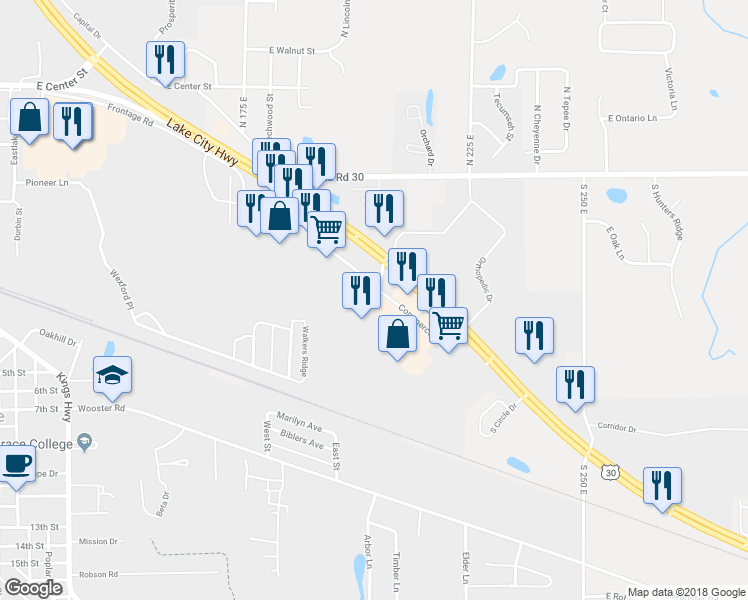 map of restaurants, bars, coffee shops, grocery stores, and more near 3600 Commerce Drive in Warsaw