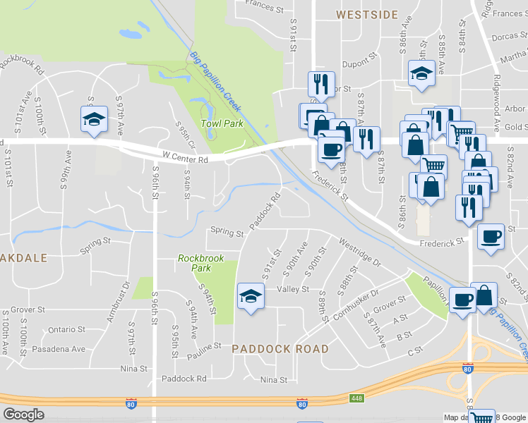 map of restaurants, bars, coffee shops, grocery stores, and more near 3016 Paddock Road in Omaha