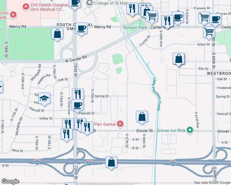 map of restaurants, bars, coffee shops, grocery stores, and more near 3038 South 68th Court in Omaha