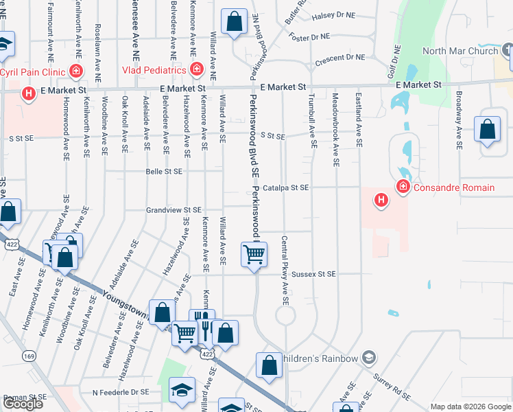 map of restaurants, bars, coffee shops, grocery stores, and more near 657 Perkinswood Boulevard Southeast in Warren