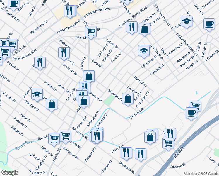 map of restaurants, bars, coffee shops, grocery stores, and more near 456 South Grant Street in Wilkes-Barre